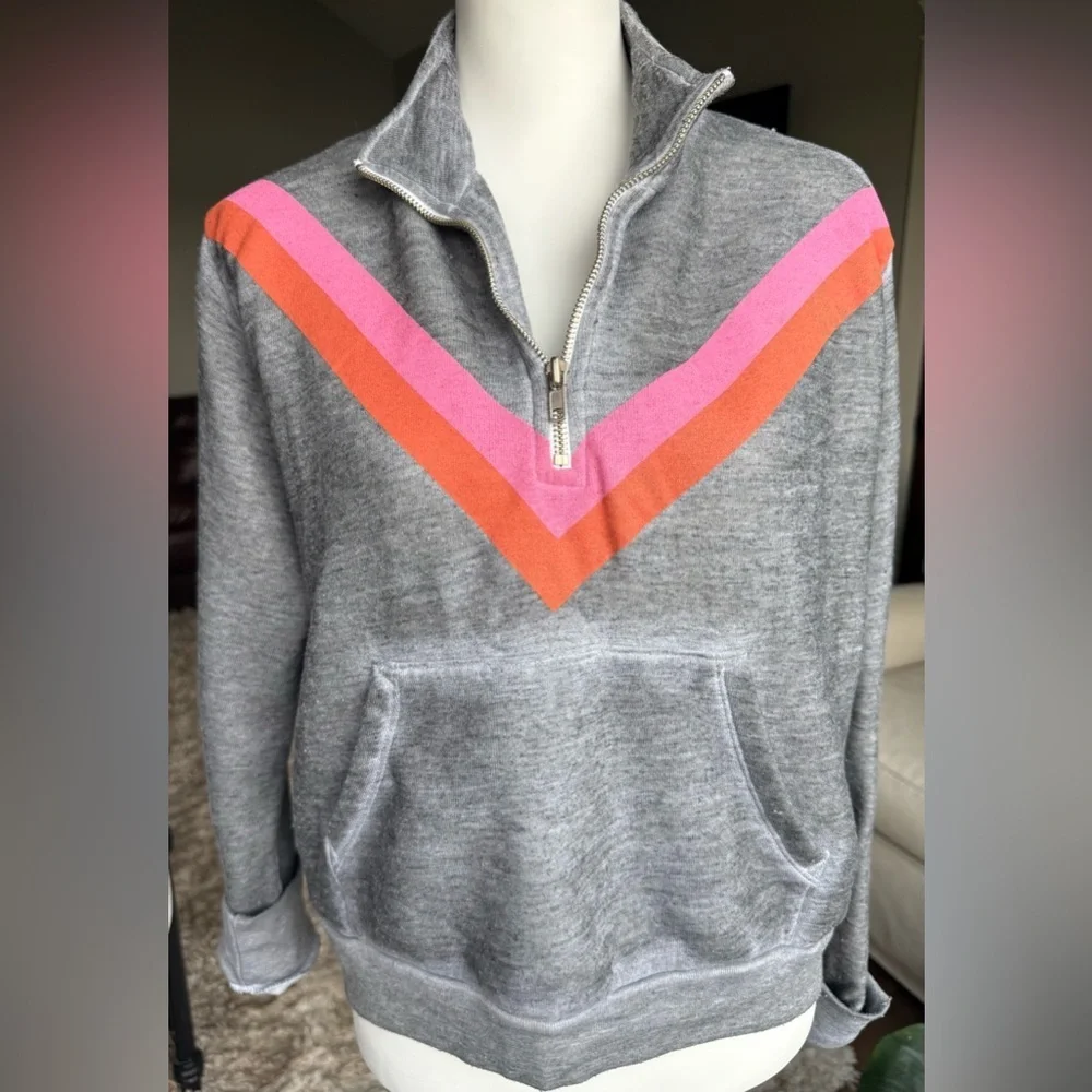Wildfox MEDIUM Gray Half Zip Sweatshirt with Pink and Orange Chevron - Picture 1 of 8